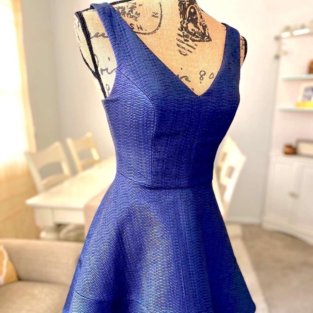 NWT! Express Blue Metallic Jacquard Fit & Flare Party Dress